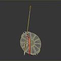 Traditional Decorative Weapon With Golden Shaft Red Tassel And Circular Metal Guard Design