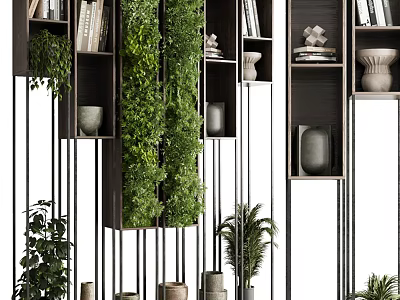Modern Bookcase Design With Living Plant Wall Decorative Vases And Books 3d model