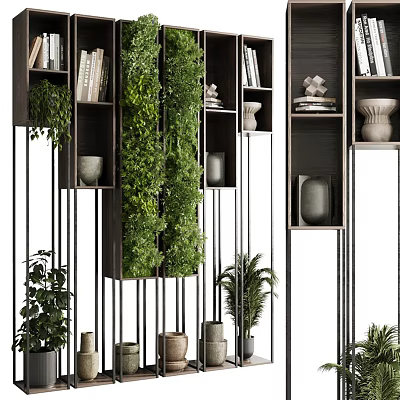 Modern Bookcase Design With Living Plant Wall Decorative Vases And Books 3d model
