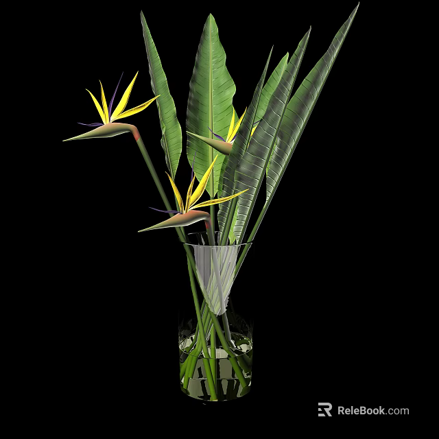 Yellow Strelitzia Flowers in Transparent Glass Vase with Green Long Leaves and Water 3d model 