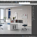 Modern Office Interior Design With Large Windows City View White Desk Blue Seats Green Plants