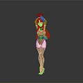 3D Female Character With Purple Long Hair Headpiece Dark Outfit High Heels On Gray Background