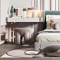 Soft Tones Kids Room Interior With Green Headboard Bed Pillows Dressing Table And Rug