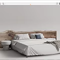 Double Bed With Rustic Wooden Headboard White Bedspread Blue Pillows Plaid Blanket And Small Stool