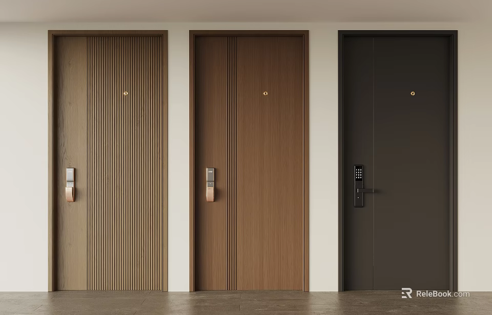 Three Modern Colored Security Doors With Wooden Texture Handle And Lock Design 3d model