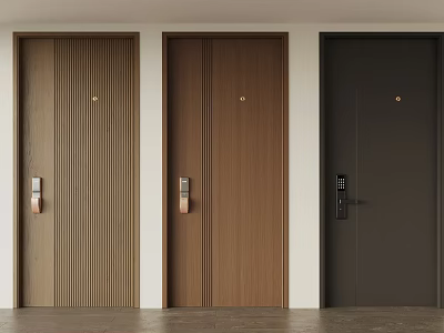 Three Modern Colored Security Doors With Wooden Texture Handle And Lock Design 3d model