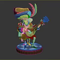 Fantasy Character In Elaborate Costume With Feathered Creature Playing Lute On Checkerboard Base