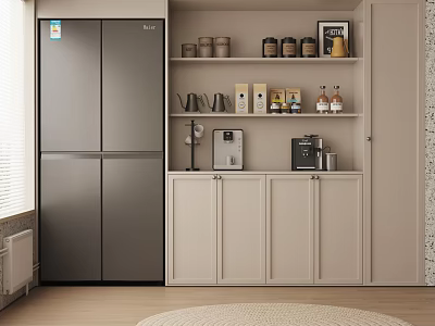 Modern Light Beige Wine Cabinet With Open Shelves And Wine Bottles In Kitchen 3d model
