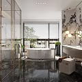 Modern Luxury Bathroom Interior Design With Marble Walls Freestanding Bathtub And Large Window