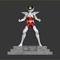 Game Movie Character Model in Red Silver Armor With Blue Shoulder Decorations on Engraved Pedestal