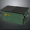 Green Industrial Dumpster With Black Ribbed Lid Yellow Warning Labels And Wheels