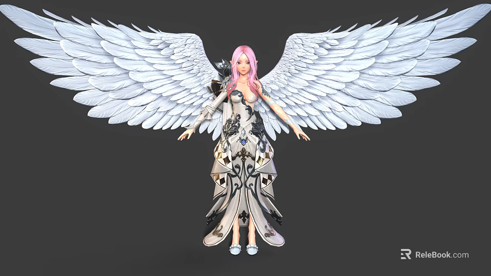 Pink Haired Woman with Large White Wings in Elegant Floral Gown and Decorative Patterns 3d model 