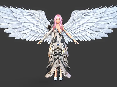 Pink Haired Woman with Large White Wings in Elegant Floral Gown and Decorative Patterns 3d model