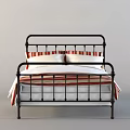 Double Bed With Black Metal Frame White Bed Sheets And Red White Striped Blanket 3d model