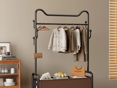 Black Metal Clothes Rack with Hanging Clothes and Accessories on Lower Shelf in Modern Home 3d model
