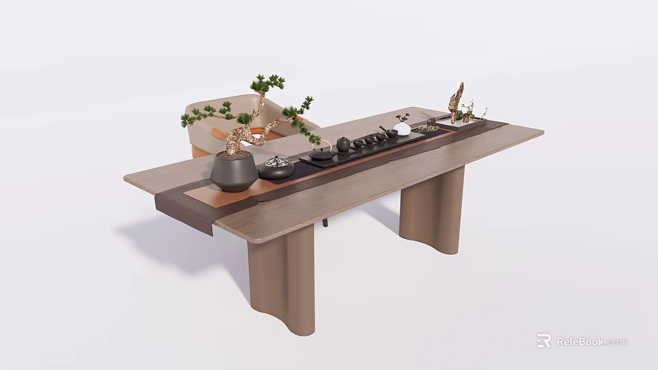 Modern Wooden Tea Table With Tea Set Potted Plant And Decorative Items 3d model 