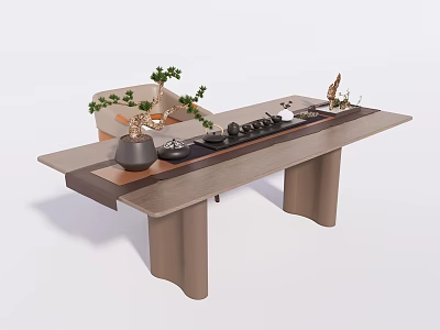Modern Wooden Tea Table With Tea Set Potted Plant And Decorative Items 3d model