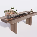 Modern Wooden Tea Table With Tea Set Potted Plant And Decorative Items