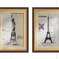 Framed Statue of Liberty and Eiffel Tower Blueprints as Wall Decor Art