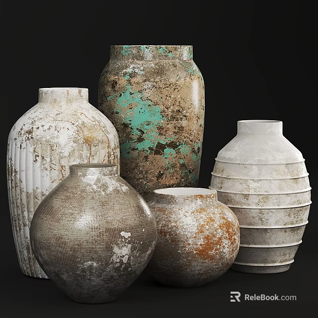 Various Textured Ceramic Vases With Earth Tones Green Patina And Rustic Design 3d model 