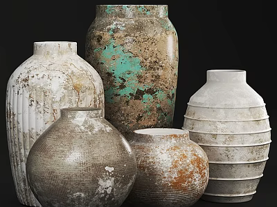 Various Textured Ceramic Vases With Earth Tones Green Patina And Rustic Design 3d model
