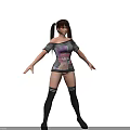 Anime Game Character in Black Off Shoulder Top with Pink Haired Graphic and Thigh High Socks