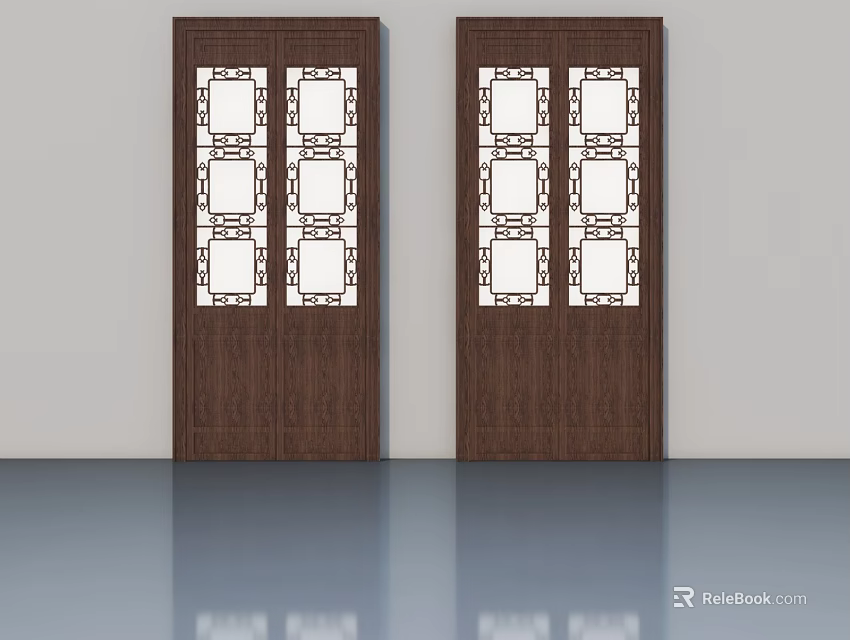 Brown Wooden Swing Doors Featuring White Lattice Patterns For Interior Design 3d model