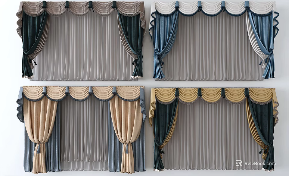Elegant Grey Blue Beige Green Curtains With Pleated Top And Tassel Tiebacks 3d model 