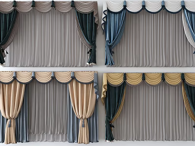 Elegant Grey Blue Beige Green Curtains With Pleated Top And Tassel Tiebacks 3d model