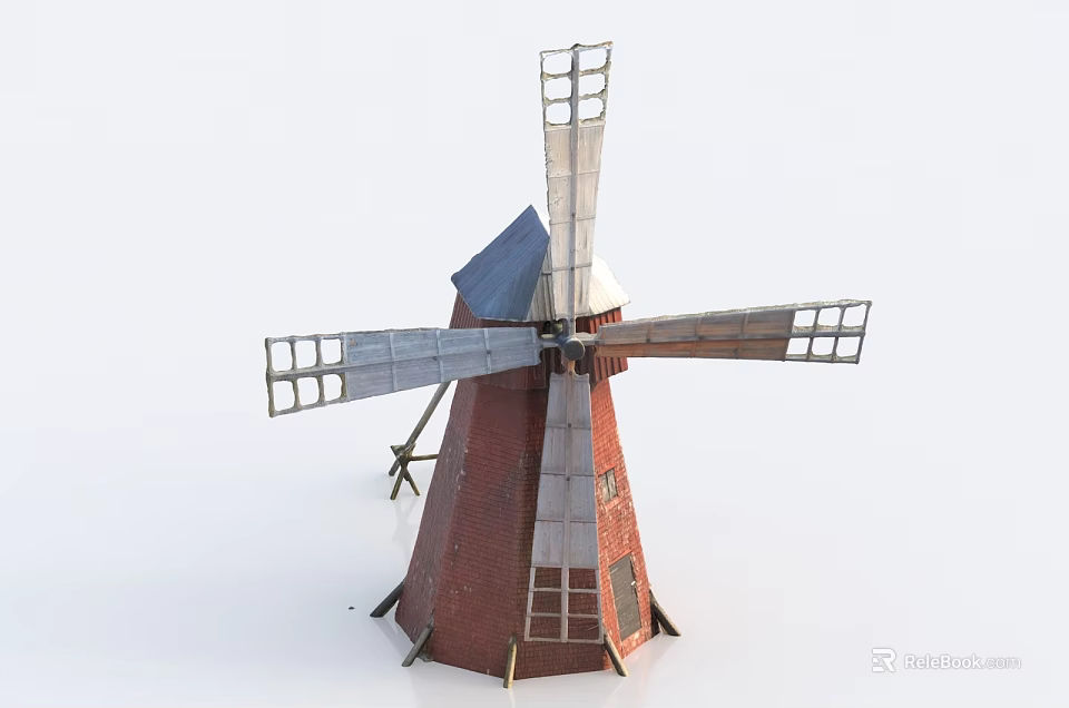 Vintage Red Brick Windmill Model With Wooden Blades And Metal Frame 3d model 