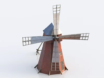 Vintage Red Brick Windmill Model With Wooden Blades And Metal Frame 3d model