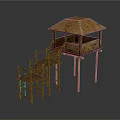 Traditional Bamboo Elevated Structure With Thatched Roof And Wooden Staircase