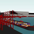 Active Port Terminal With Red Crane Loading Containers On Ship Near Tall Tower By Ocean