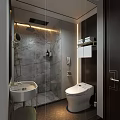 Modern Hotel Bathroom Interior With Glass Shower Stone Wall Vanity And Ambient Lighting