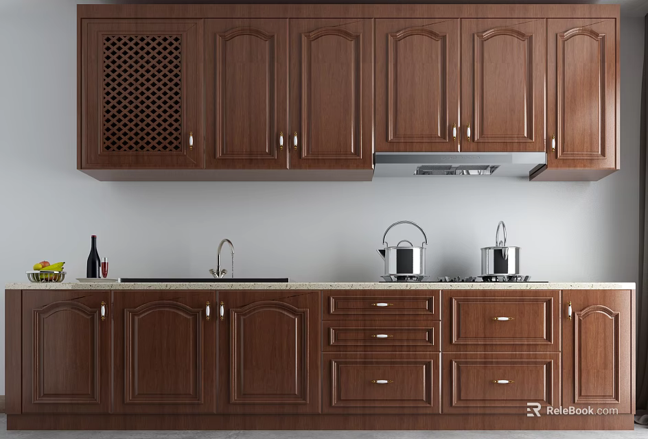 Dark Wood Kitchen Cabinets With Upper Lower Cabinetry Wine Rack And Light Countertop 3d model 