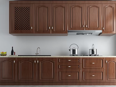 Dark Wood Kitchen Cabinets With Upper Lower Cabinetry Wine Rack And Light Countertop 3d model