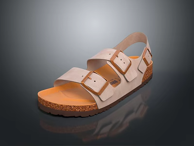 Comfortable Light Brown Sandals With Two Straps And Metal Buckles On Cork Sole 3d model