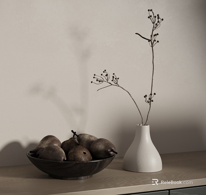 White Vase Holding Dried Branches And Dark Bowl Of Pears On Wooden Tabletop 3d model 