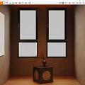 Interior With Two Dark Framed Windows Frosted Glass Brown Wall Black Cabinet Red Floral Vase