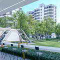 Modern Pergola Curved Structure With Trees Lawn And Bench Against Residential Building View