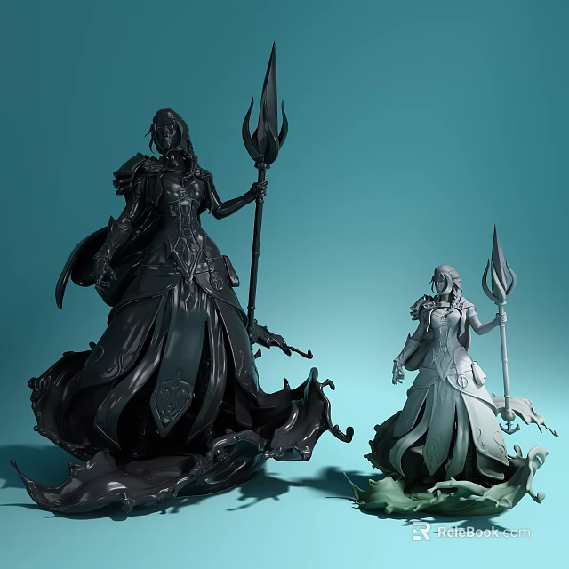 Elaborate Female Sculptures With Spear Staffs Flowing Skirts And Contrasting Colors 3d model 