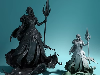Elaborate Female Sculptures With Spear Staffs Flowing Skirts And Contrasting Colors 3d model