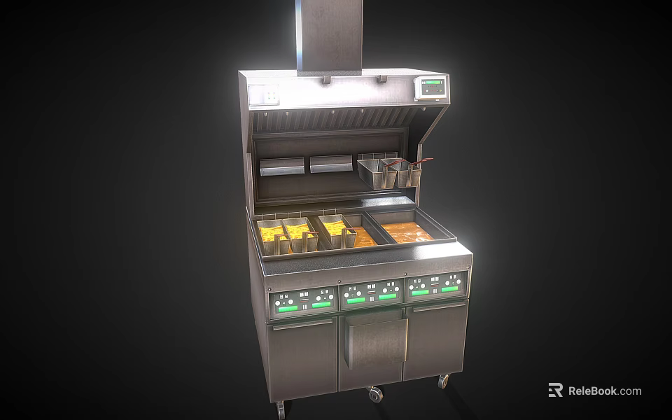 Stainless Steel Commercial Fryer With Multiple Fry Baskets Control Panel Vent Hood And Rolling Wheels 3d model 