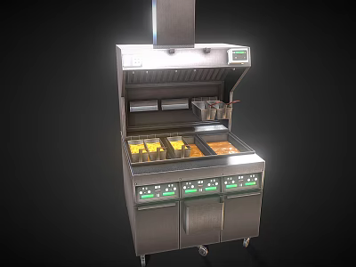 Stainless Steel Commercial Fryer With Multiple Fry Baskets Control Panel Vent Hood And Rolling Wheels 3d model