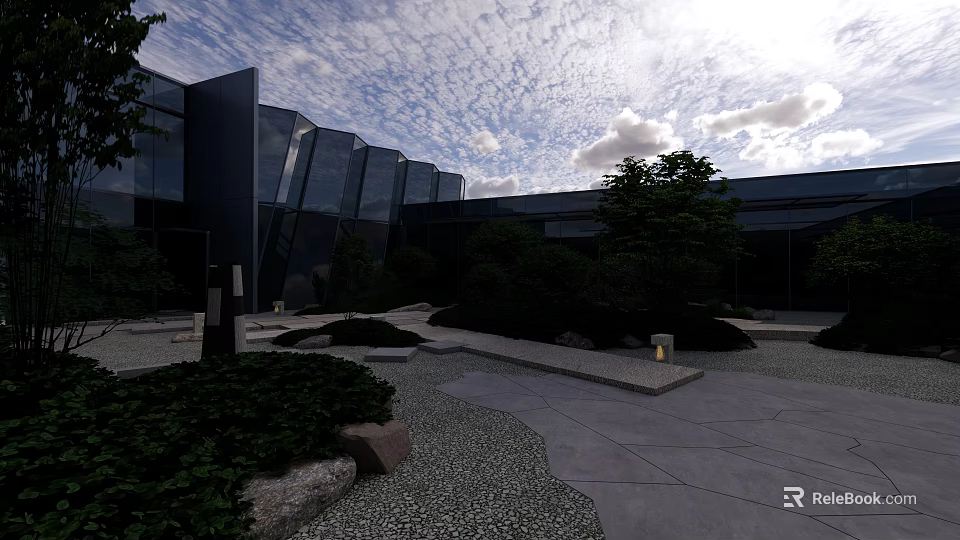 Modern Courtyard Garden With Greenery Shrubs Stones Gravel Path Lighting And Blue Sky 3d model 