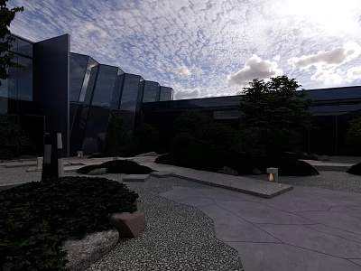 Modern Courtyard Garden With Greenery Shrubs Stones Gravel Path Lighting And Blue Sky 3d model