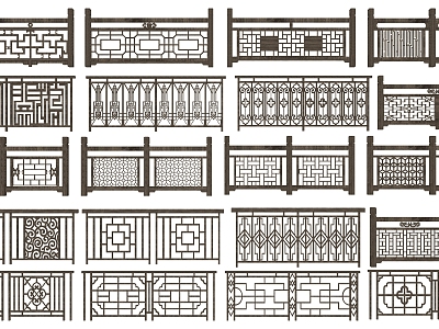 New Chinese Guardrail Fence Wooden Railing Park Landscape Railing Pattern Fence Sick Balcony Handrail Iron Metal Railing model
