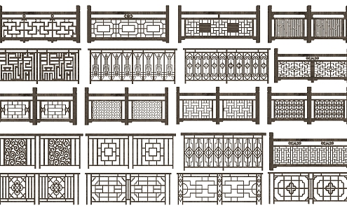 New Chinese Guardrail Fence Wooden Railing Park Landscape Railing Pattern Fence Sick Balcony Handrail Iron Metal Railing 3d model