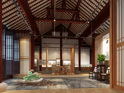Traditional Chinese Style Interior Featuring Wooden Structure Tiled Roof And Green Plants 3d model