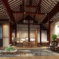 Traditional Chinese Style Interior Featuring Wooden Structure Tiled Roof And Green Plants